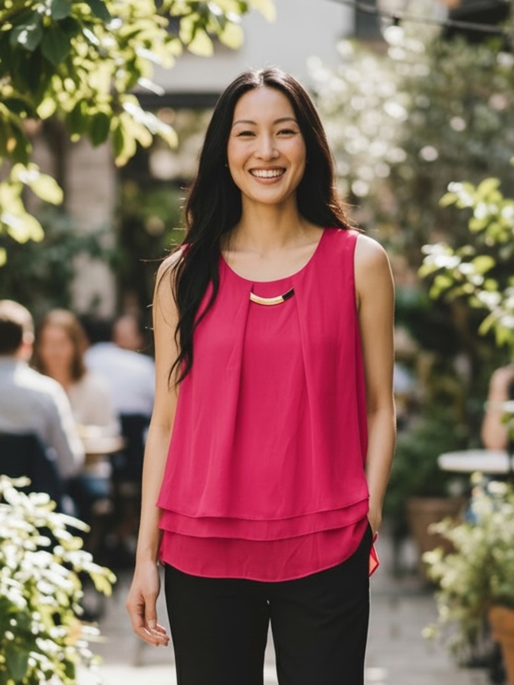 Valerie Stevens Sleeveless Red Layered Blouse with Gold Accent